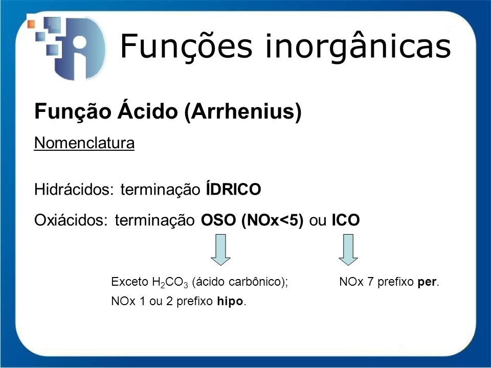 Funções inorgânicas Função Ácido (Arrhenius) Nomenclatura