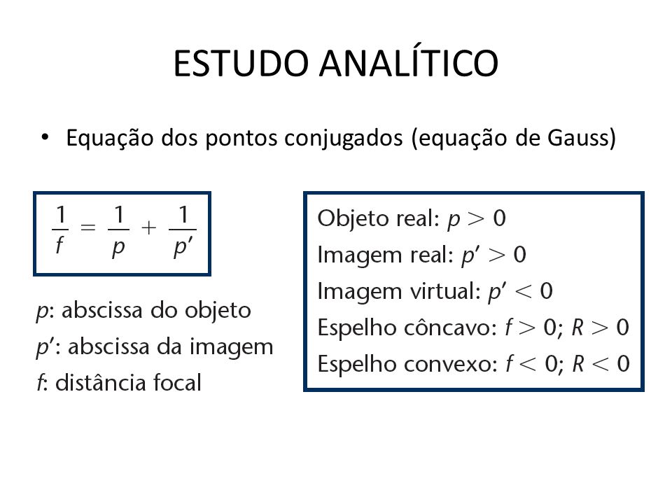 ESTUDO ANALÍTICO Equação dos pontos conjugados (equação de Gauss)