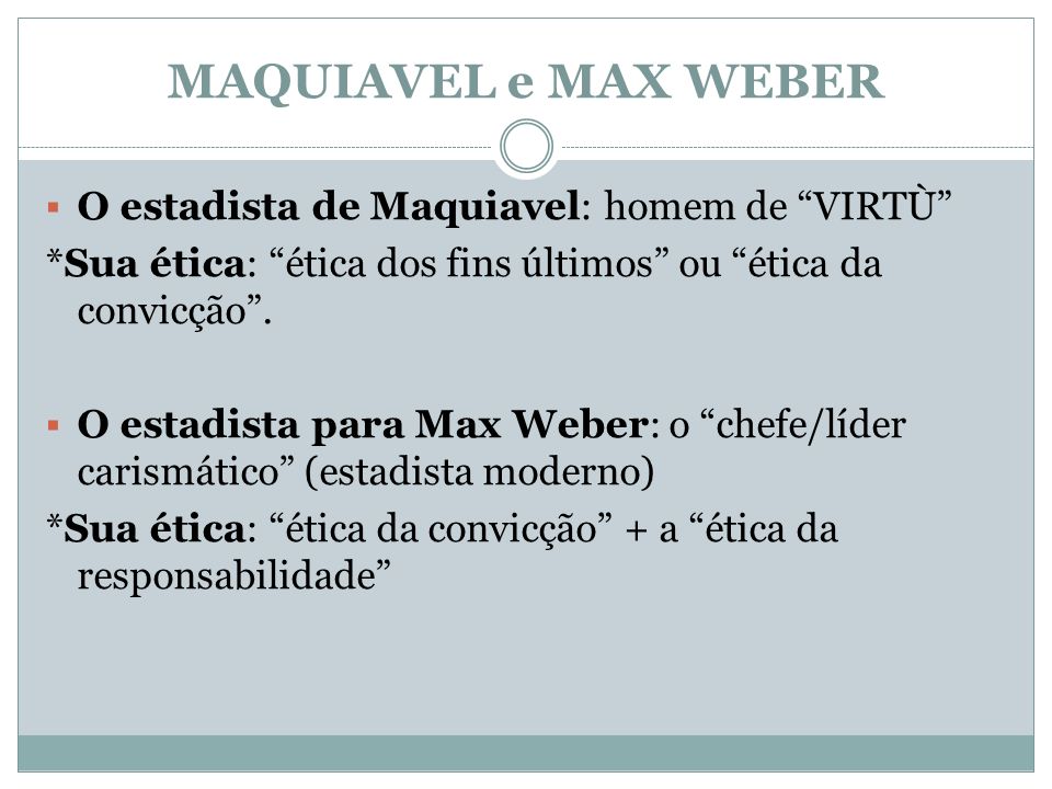 MAQUIAVEL e MAX WEBER O estadista de Maquiavel: homem de VIRTÙ