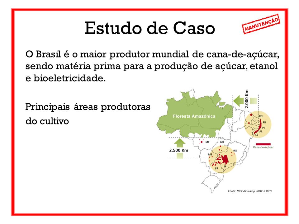 Estudo de Caso O Brasil é o maior produtor mundial de cana-de-açúcar, sendo matéria prima para a produção de açúcar, etanol e bioeletricidade.