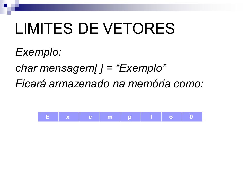 LIMITES DE VETORES Exemplo: char mensagem[ ] = Exemplo