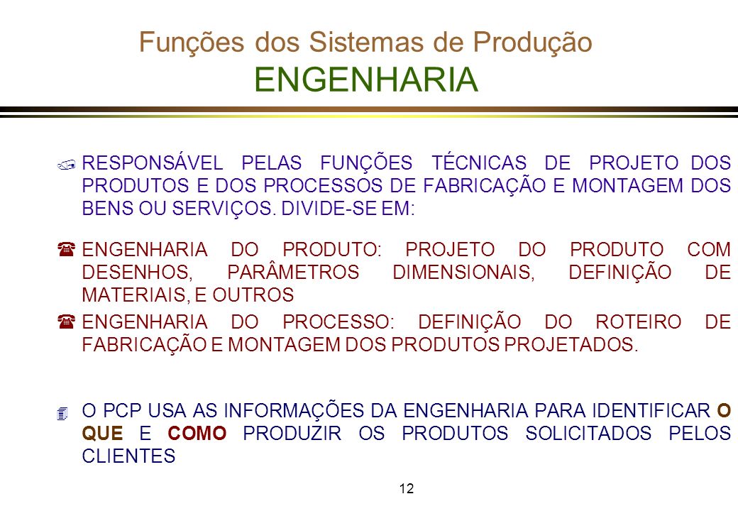 Funções dos Sistemas de Produção ENGENHARIA