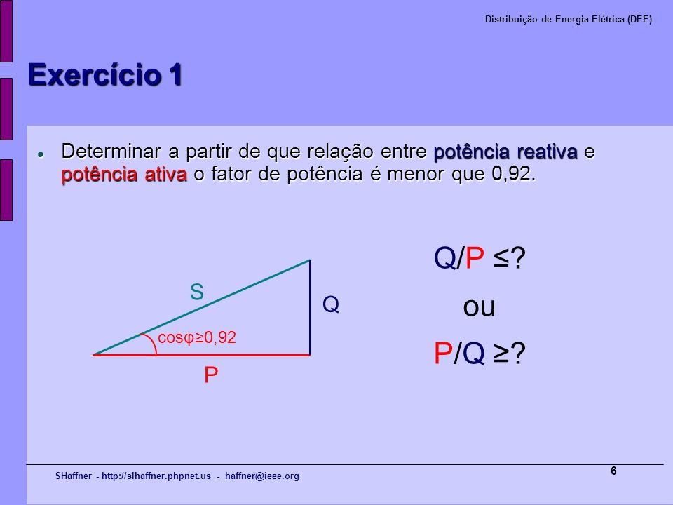 Exercício 1 Q/P ≤ ou P/Q ≥ S Q P