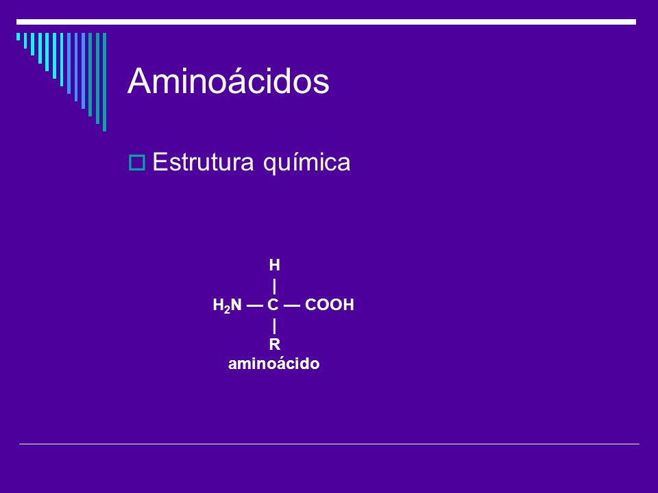 Aminoácidos Estrutura química H | H2N — C — COOH R aminoácido