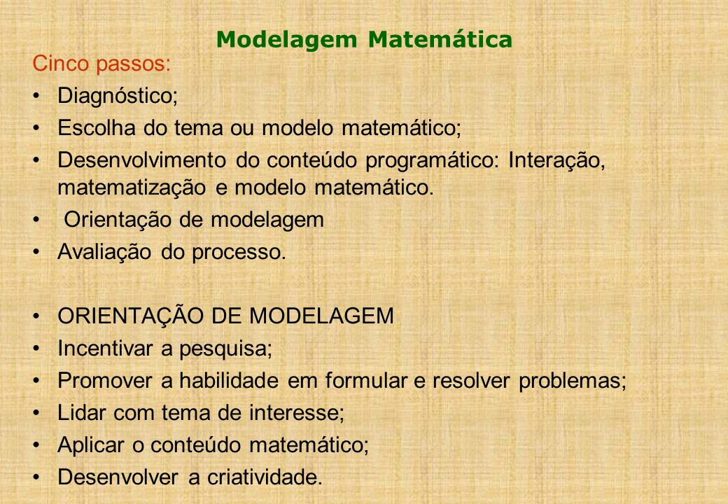 Modelagem Matemática Cinco passos: Diagnóstico; Escolha do tema ou modelo matemático;