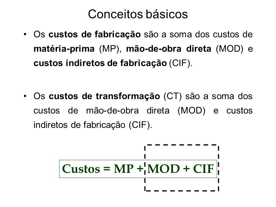 Conceitos básicos Custos = MP + MOD + CIF