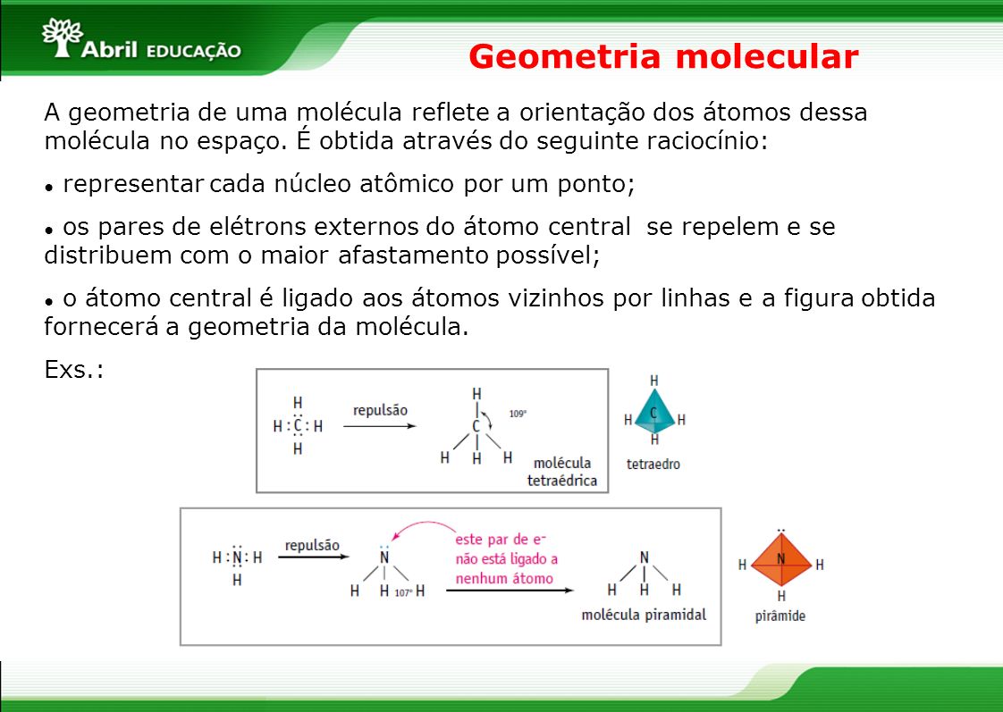 Geometria molecular A geometria de uma molécula reflete a orientação dos átomos dessa molécula no espaço. É obtida através do seguinte raciocínio: