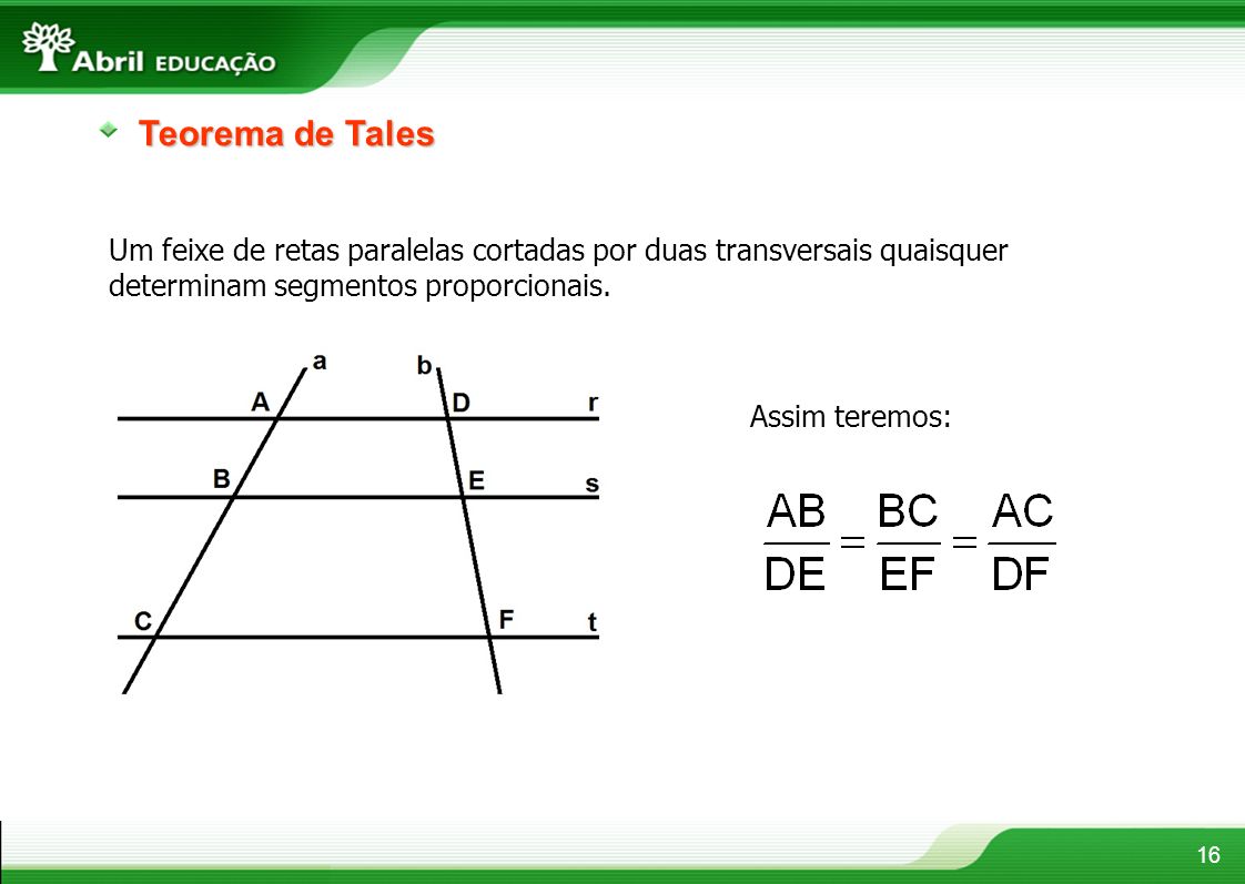 Teorema de Tales Um feixe de retas paralelas cortadas por duas transversais quaisquer determinam segmentos proporcionais.