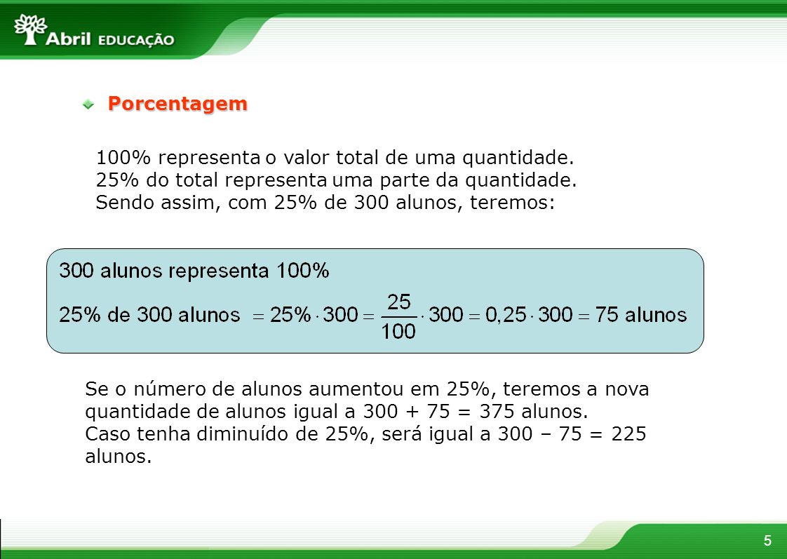 Porcentagem 100% representa o valor total de uma quantidade. 25% do total representa uma parte da quantidade.