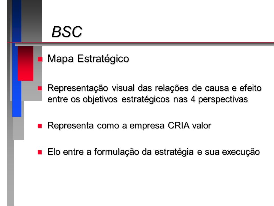 BSC Mapa Estratégico. Representação visual das relações de causa e efeito entre os objetivos estratégicos nas 4 perspectivas.