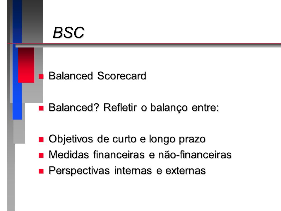 BSC Balanced Scorecard Balanced Refletir o balanço entre: