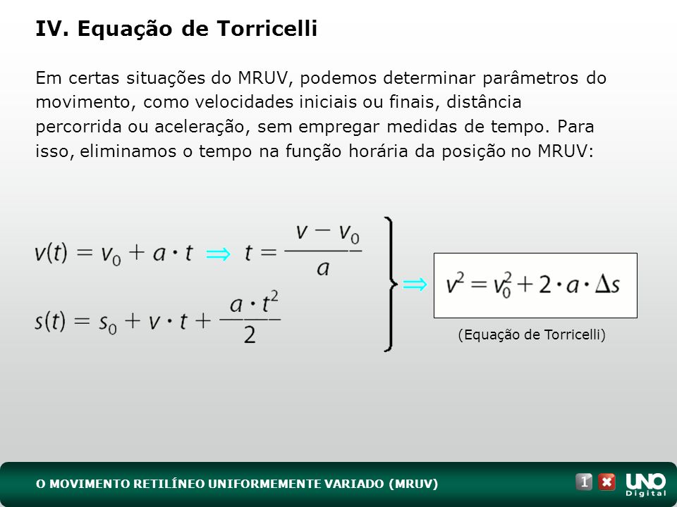 IV. Equação de Torricelli