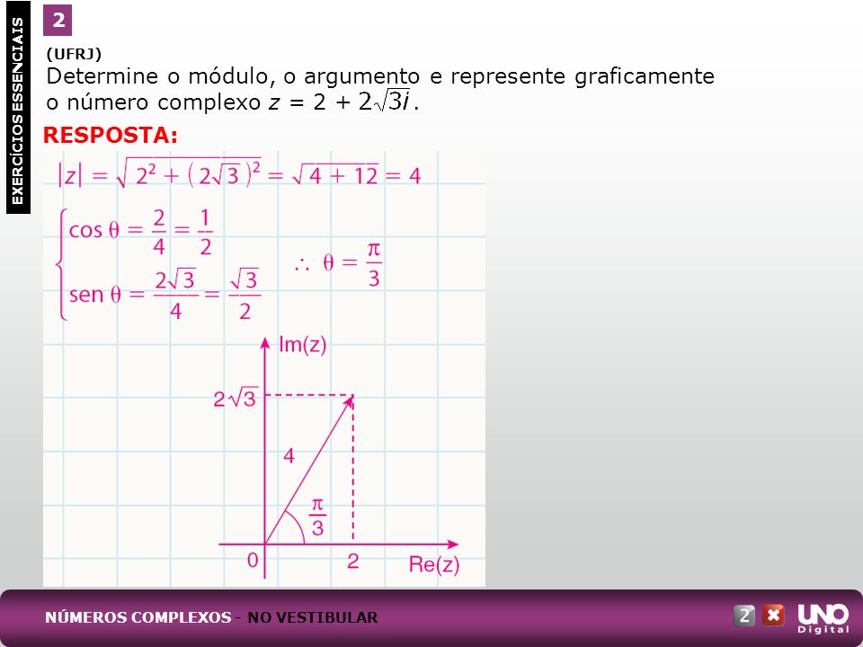 2 (UFRJ) Determine o módulo, o argumento e represente graficamente o número complexo z =