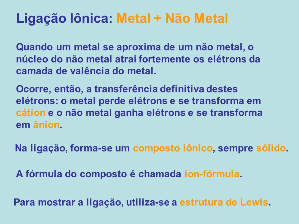 Ligação Iônica: Metal + Não Metal