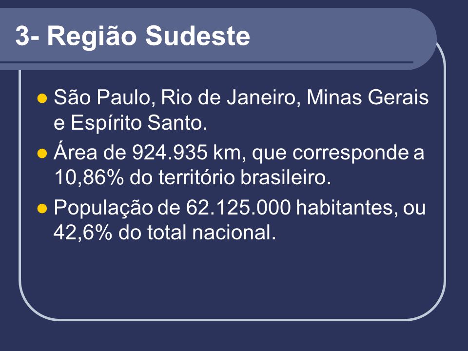 3- Região Sudeste São Paulo, Rio de Janeiro, Minas Gerais e Espírito Santo. Área de km, que corresponde a 10,86% do território brasileiro.