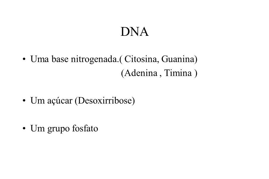 DNA Uma base nitrogenada.( Citosina, Guanina) (Adenina , Timina )