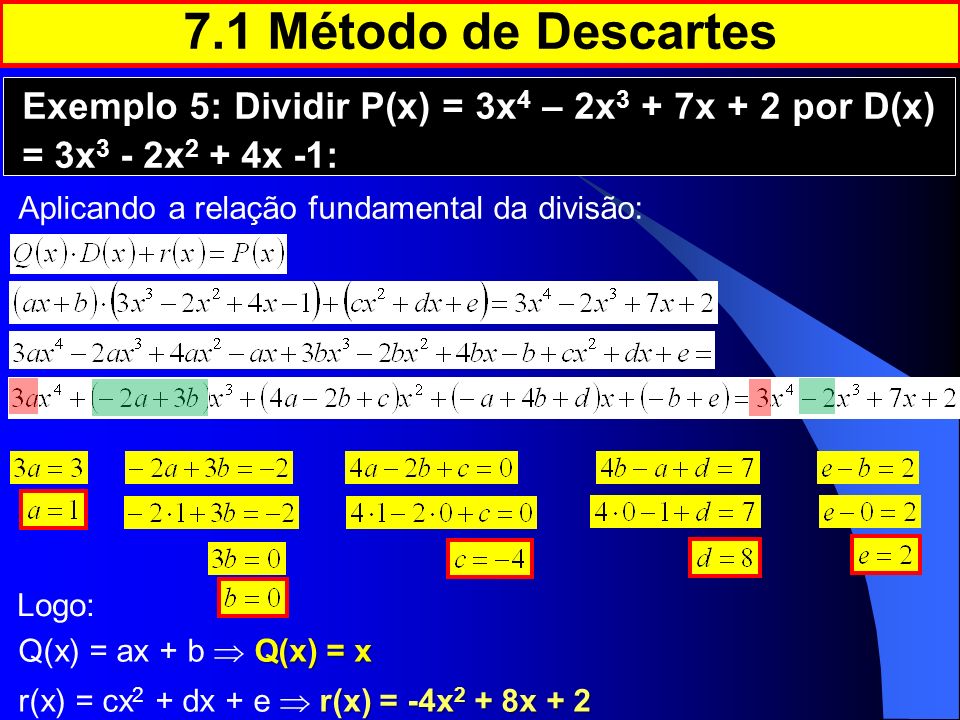 7.1 Método de Descartes Exemplo 5: Dividir P(x) = 3x4 – 2x3 + 7x + 2 por D(x) = 3x3 - 2x2 + 4x -1: Aplicando a relação fundamental da divisão: