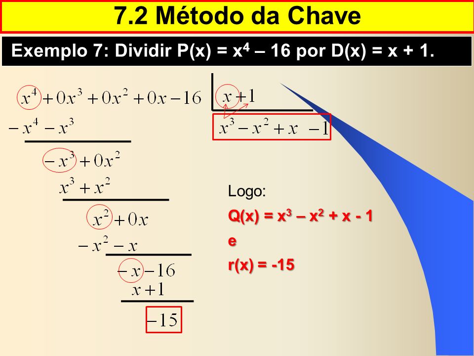 7.2 Método da Chave Exemplo 7: Dividir P(x) = x4 – 16 por D(x) = x + 1. Logo: Q(x) = x3 – x2 + x - 1.