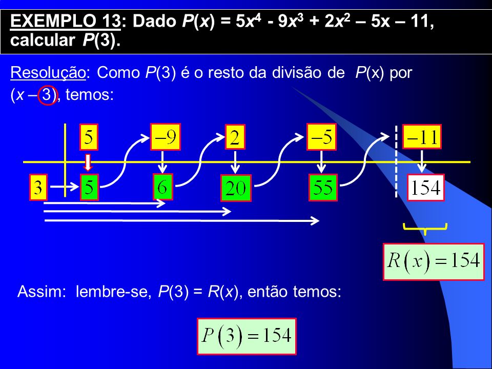 EXEMPLO 13: Dado P(x) = 5x4 - 9x3 + 2x2 – 5x – 11, calcular P(3).