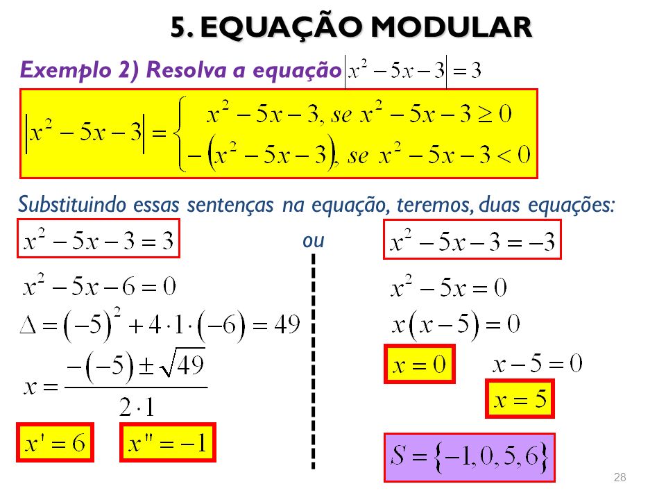 5. EQUAÇÃO MODULAR Exemplo 2) Resolva a equação