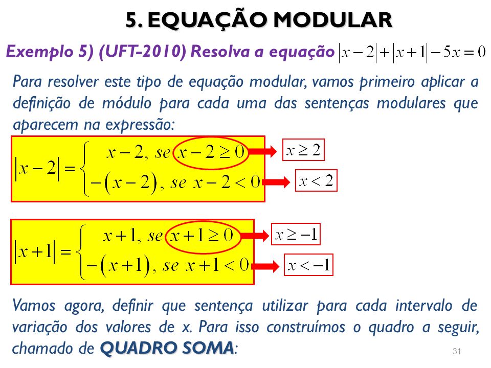 5. EQUAÇÃO MODULAR Exemplo 5) (UFT-2010) Resolva a equação