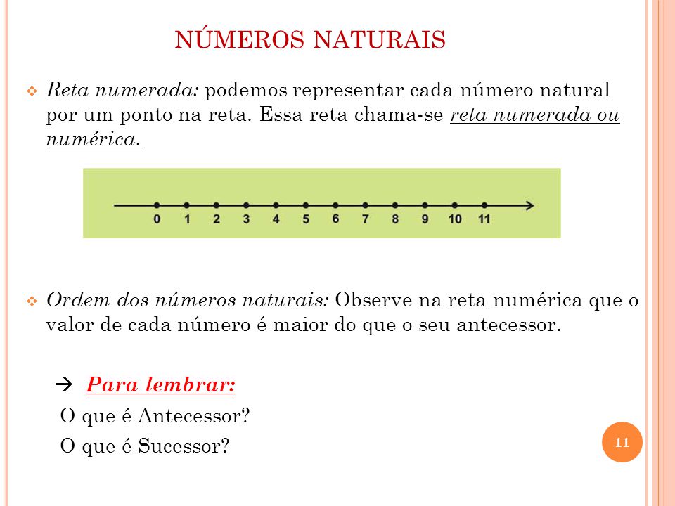 números naturais Reta numerada: podemos representar cada número natural por um ponto na reta. Essa reta chama-se reta numerada ou numérica.