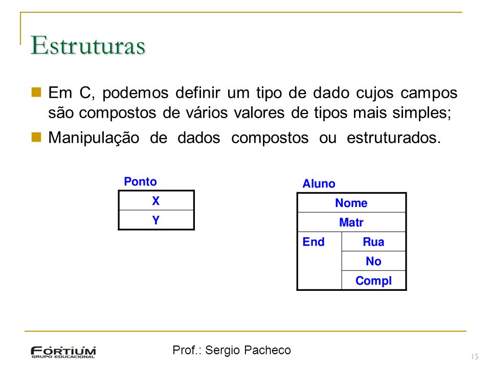 Estruturas Em C, podemos definir um tipo de dado cujos campos são compostos de vários valores de tipos mais simples;