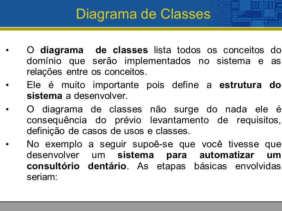Diagrama de Classes O diagrama de classes lista todos os conceitos do domínio que serão implementados no sistema e as relações entre os conceitos.
