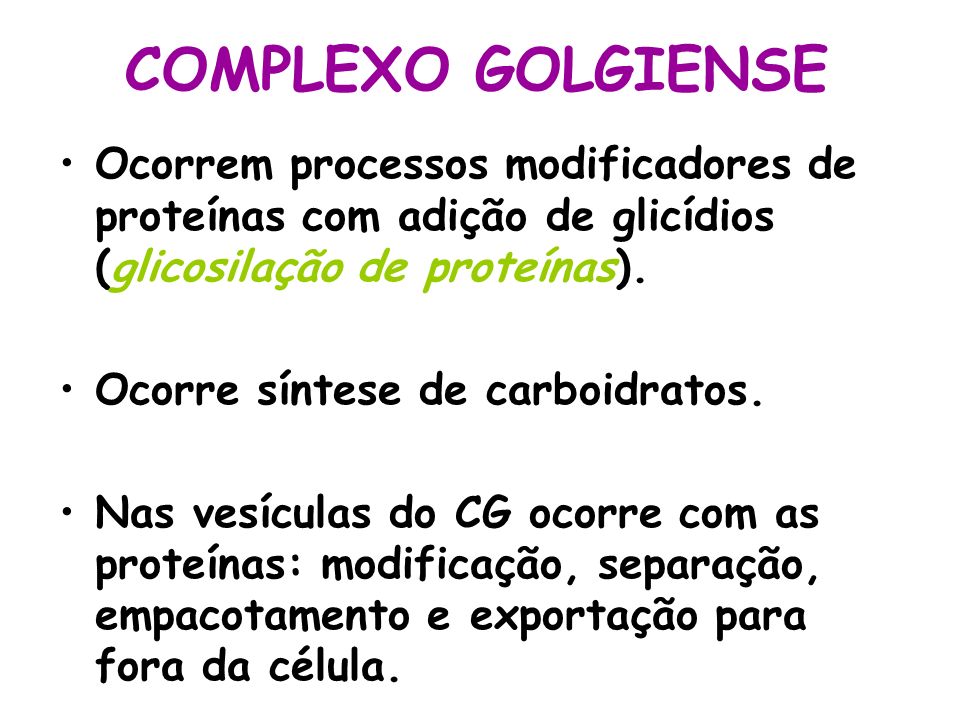 COMPLEXO GOLGIENSE Ocorrem processos modificadores de proteínas com adição de glicídios (glicosilação de proteínas).