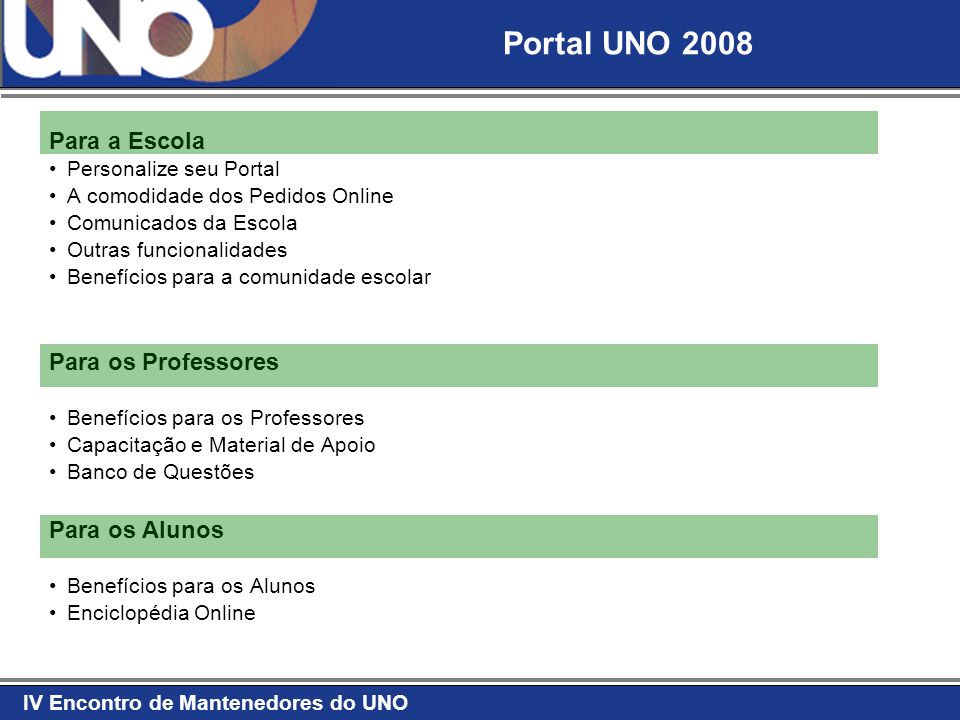 Portal UNO 2008 Para a Escola Para os Professores Para os Alunos