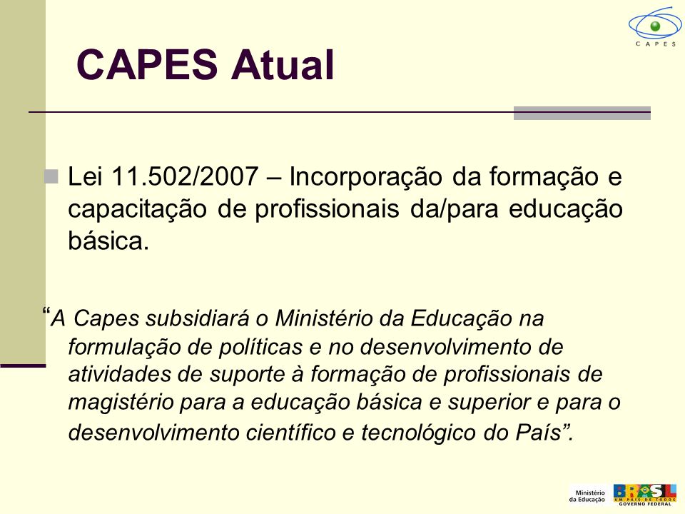 CAPES Atual Lei /2007 – Incorporação da formação e capacitação de profissionais da/para educação básica.