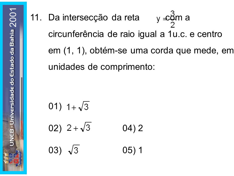 11. Da intersecção da reta com a circunferência de raio igual a 1u. c