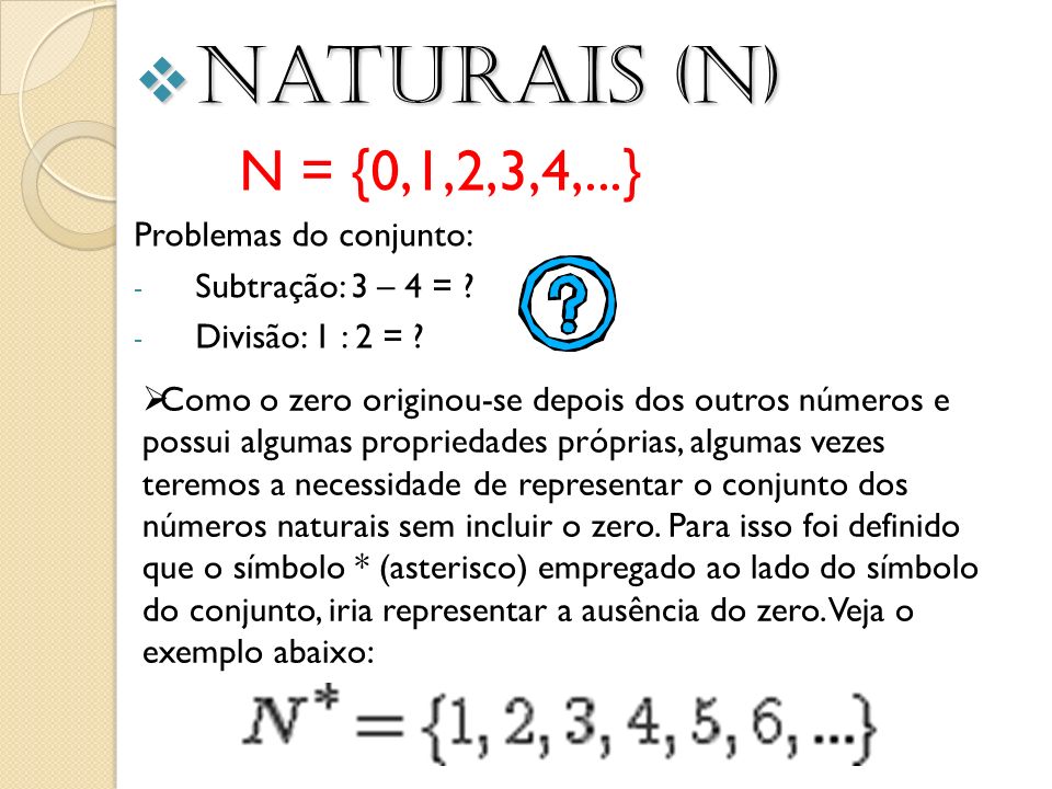 Naturais (N) N = {0,1,2,3,4,...} Problemas do conjunto: