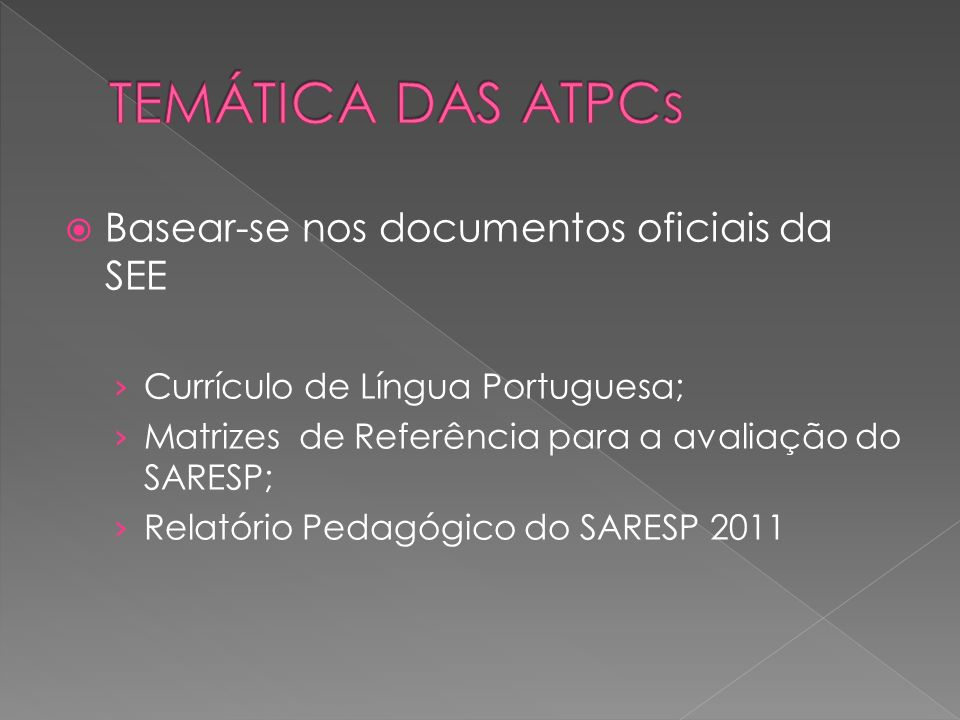 TEMÁTICA DAS ATPCs Basear-se nos documentos oficiais da SEE