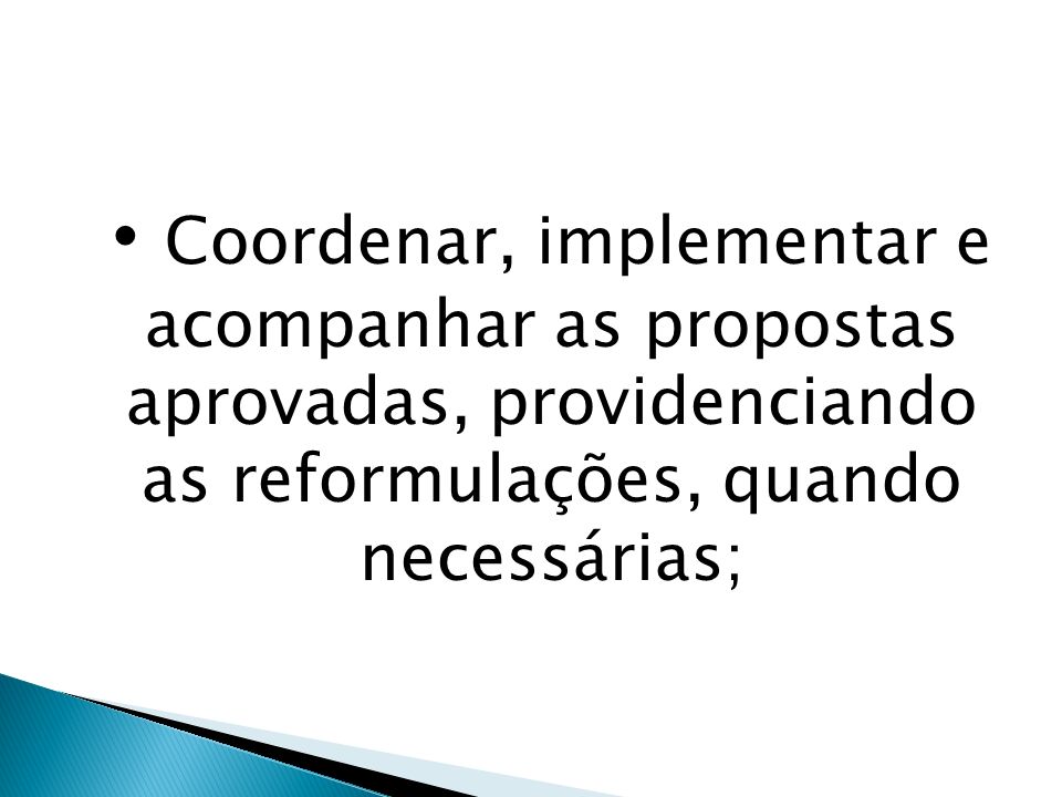 Coordenar, implementar e acompanhar as propostas aprovadas, providenciando as reformulações, quando necessárias;
