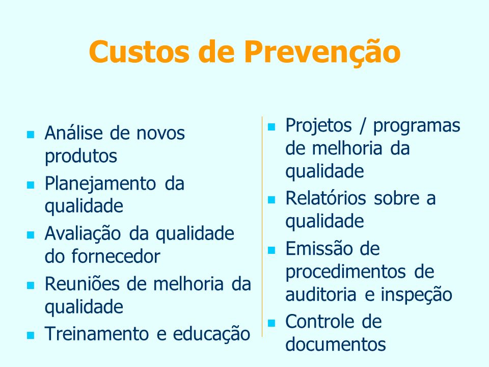 Custos de Prevenção Projetos / programas de melhoria da qualidade