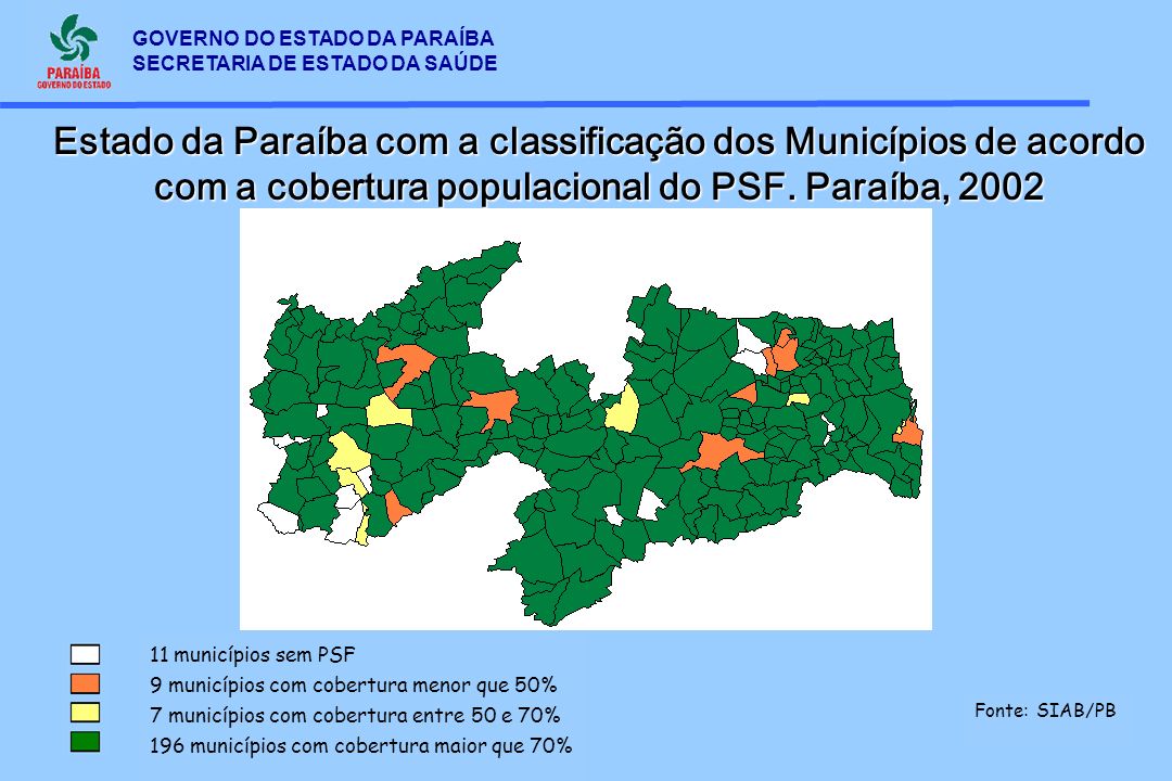Estado da Paraíba com a classificação dos Municípios de acordo com a cobertura populacional do PSF. Paraíba, 2002