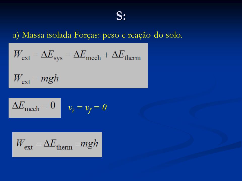 S: Massa isolada Forças: peso e reação do solo. vi = vf = 0