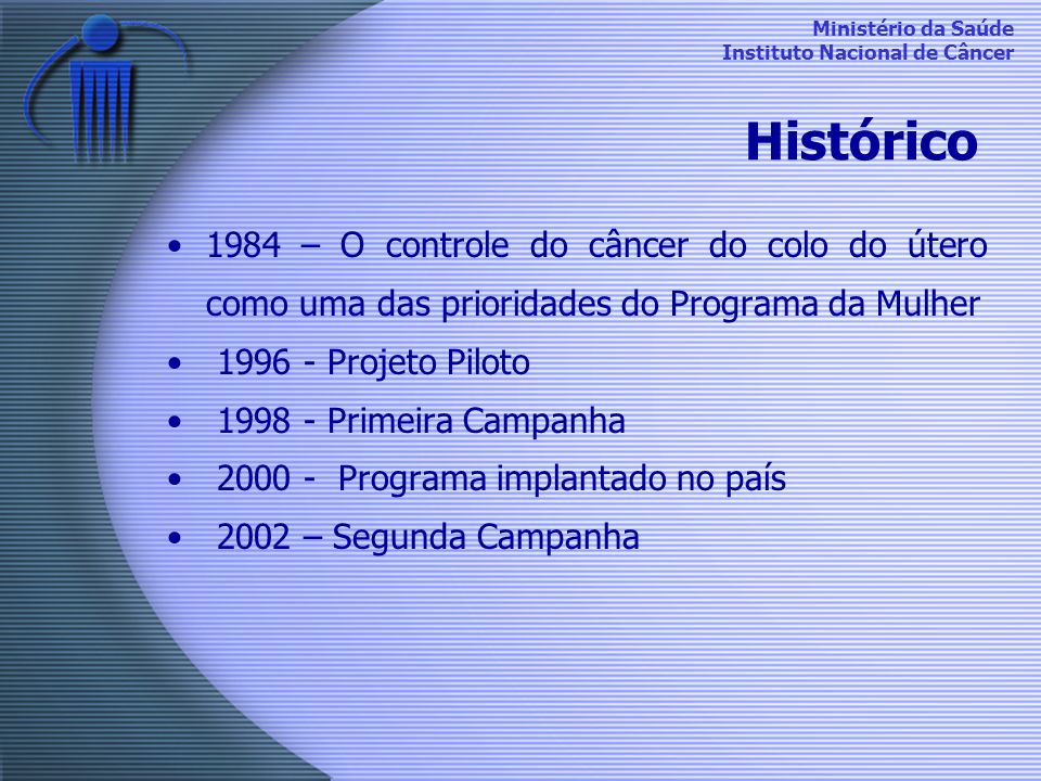 Histórico 1984 – O controle do câncer do colo do útero como uma das prioridades do Programa da Mulher.