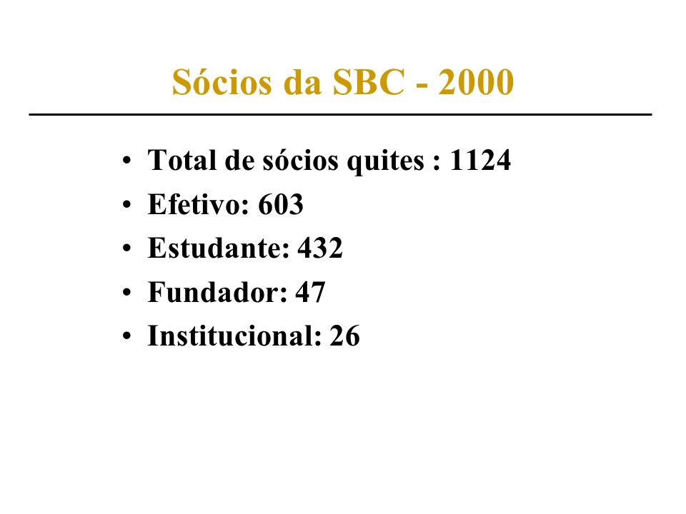 Sócios da SBC Total de sócios quites : 1124 Efetivo: 603
