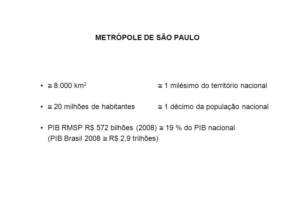 METRÓPOLE DE SÃO PAULO  km2  1 milésimo do território nacional.  20 milhões de habitantes  1 décimo da população nacional.