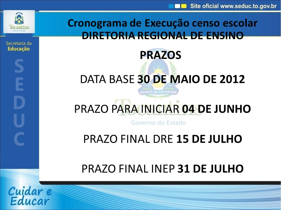 Cronograma de Execução censo escolar DIRETORIA REGIONAL DE ENSINO
