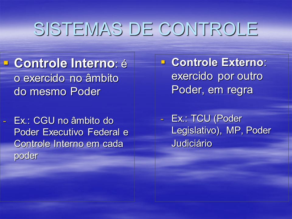 SISTEMAS DE CONTROLE Controle Interno: é o exercido no âmbito do mesmo Poder.