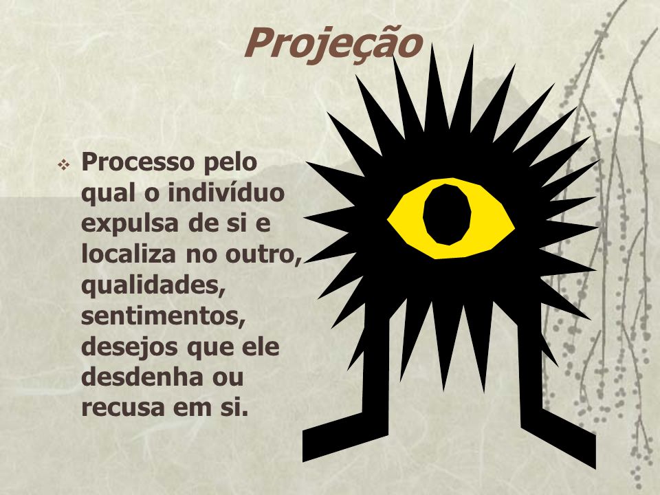 Projeção Processo pelo qual o indivíduo expulsa de si e localiza no outro, qualidades, sentimentos, desejos que ele desdenha ou recusa em si.