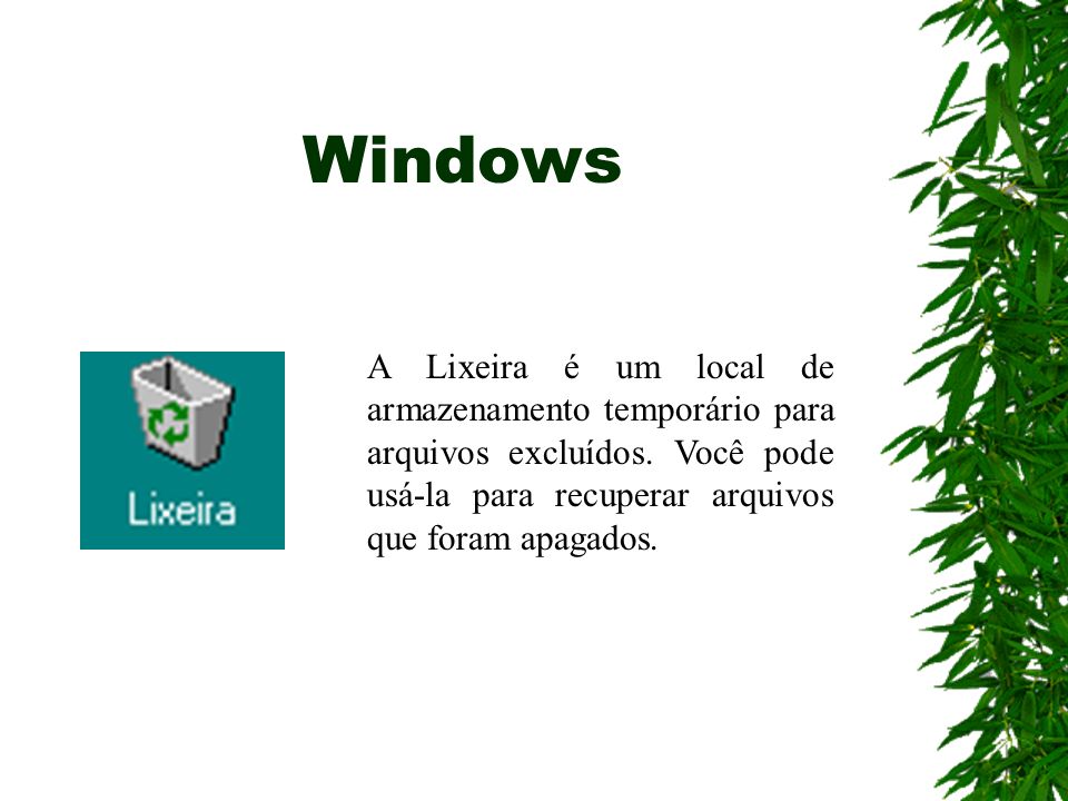 Windows A Lixeira é um local de armazenamento temporário para arquivos excluídos.