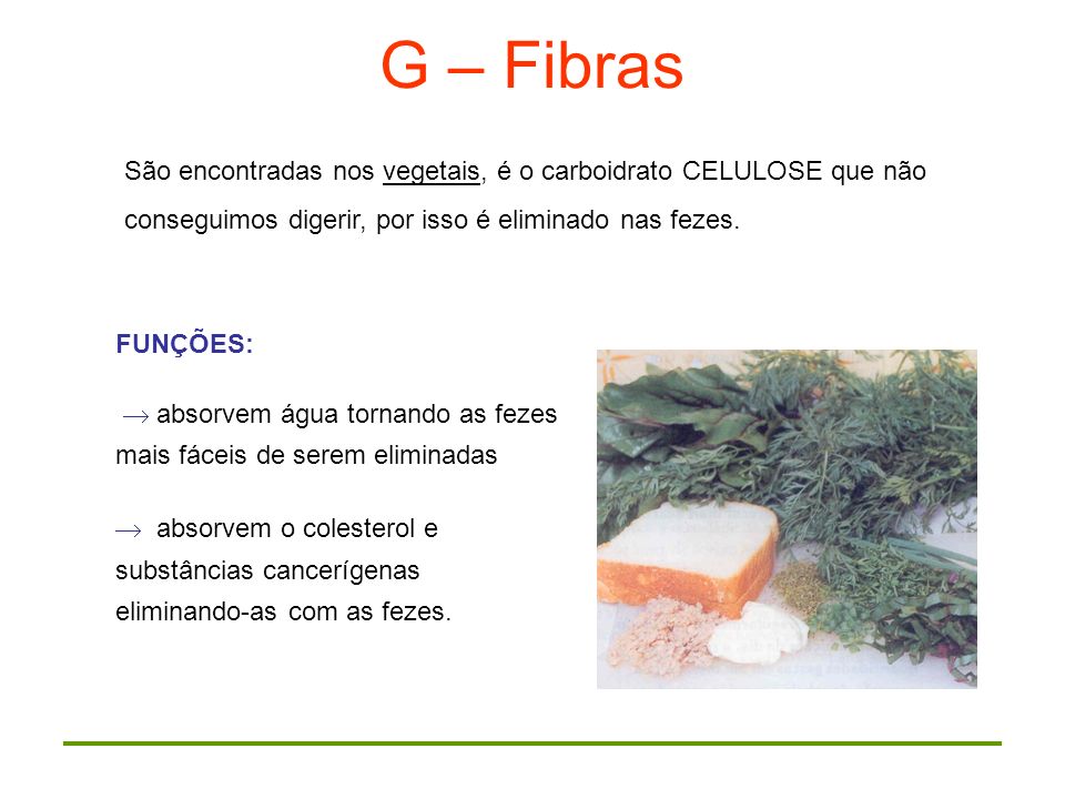 G – Fibras São encontradas nos vegetais, é o carboidrato CELULOSE que não conseguimos digerir, por isso é eliminado nas fezes.