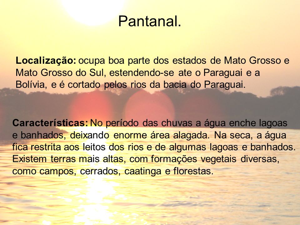 Pantanal. Localização: ocupa boa parte dos estados de Mato Grosso e