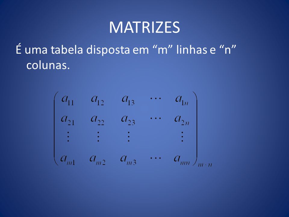 MATRIZES É uma tabela disposta em m linhas e n colunas.