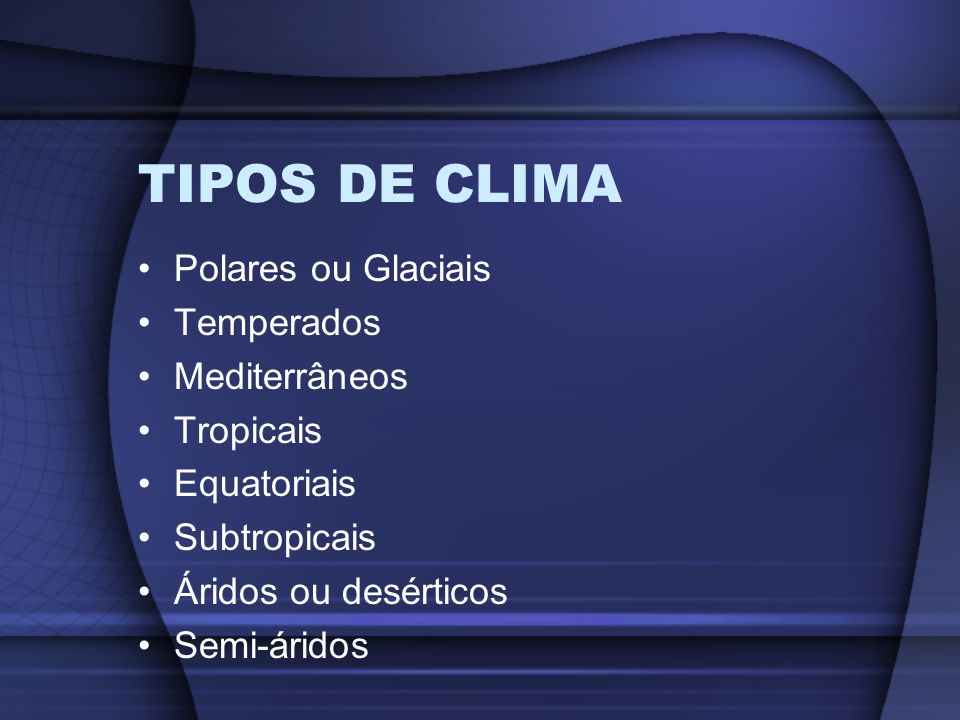 TIPOS DE CLIMA Polares ou Glaciais Temperados Mediterrâneos Tropicais