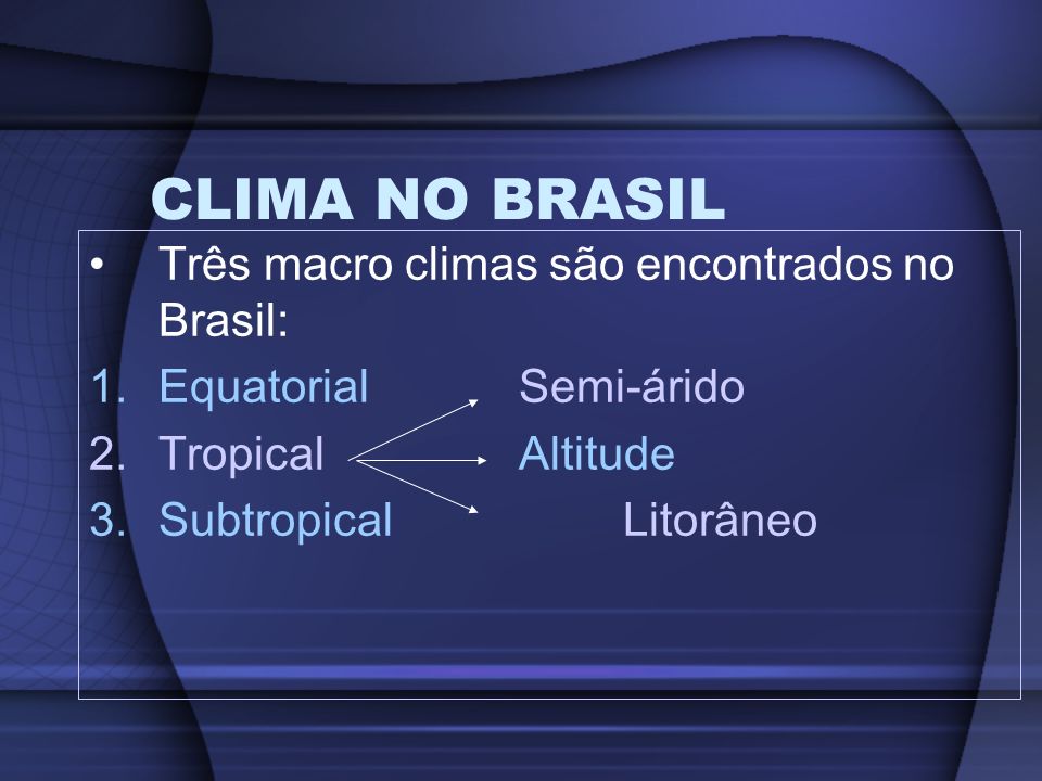CLIMA NO BRASIL Três macro climas são encontrados no Brasil: